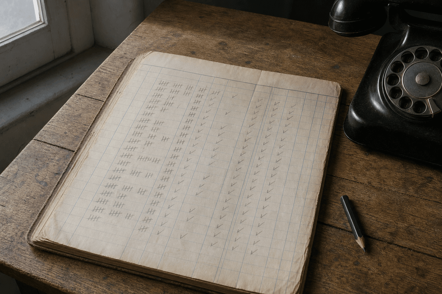 Un registre de cantine en papier, ouvert sur un bureau de mairie, couvert de bâtons de comptage au crayon, à côté d’un téléphone à cadran.