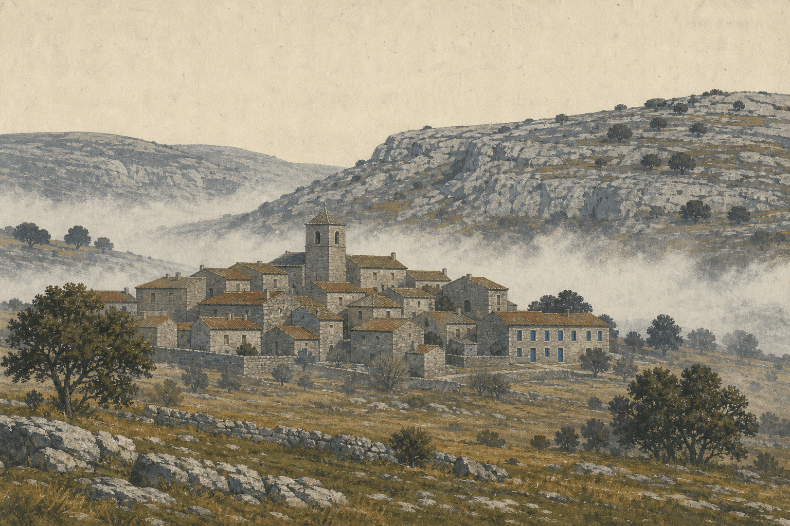 Illustration d’un village de pierre du plateau lozérien au petit matin, brume dans la vallée, clocher et école.